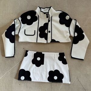 Floral Black and White Kids Jacket & Skirt Set